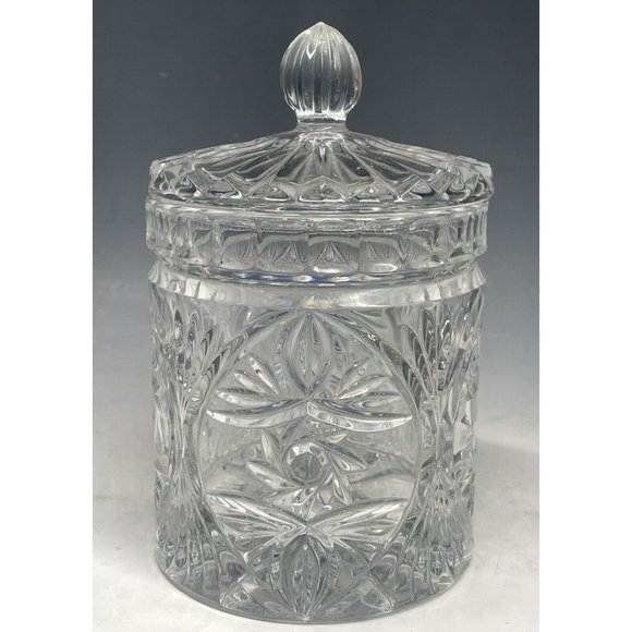 5 5/8" Vintage 20th C. Crystal Lidded Cylindrical Vanity Jar Container Decor - Picture 3 of 11